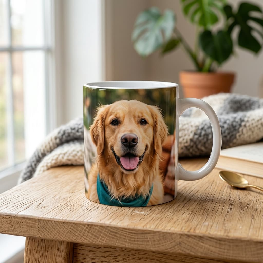 Custom photo mug with a golden retriever printed on it, sitting on a wooden table