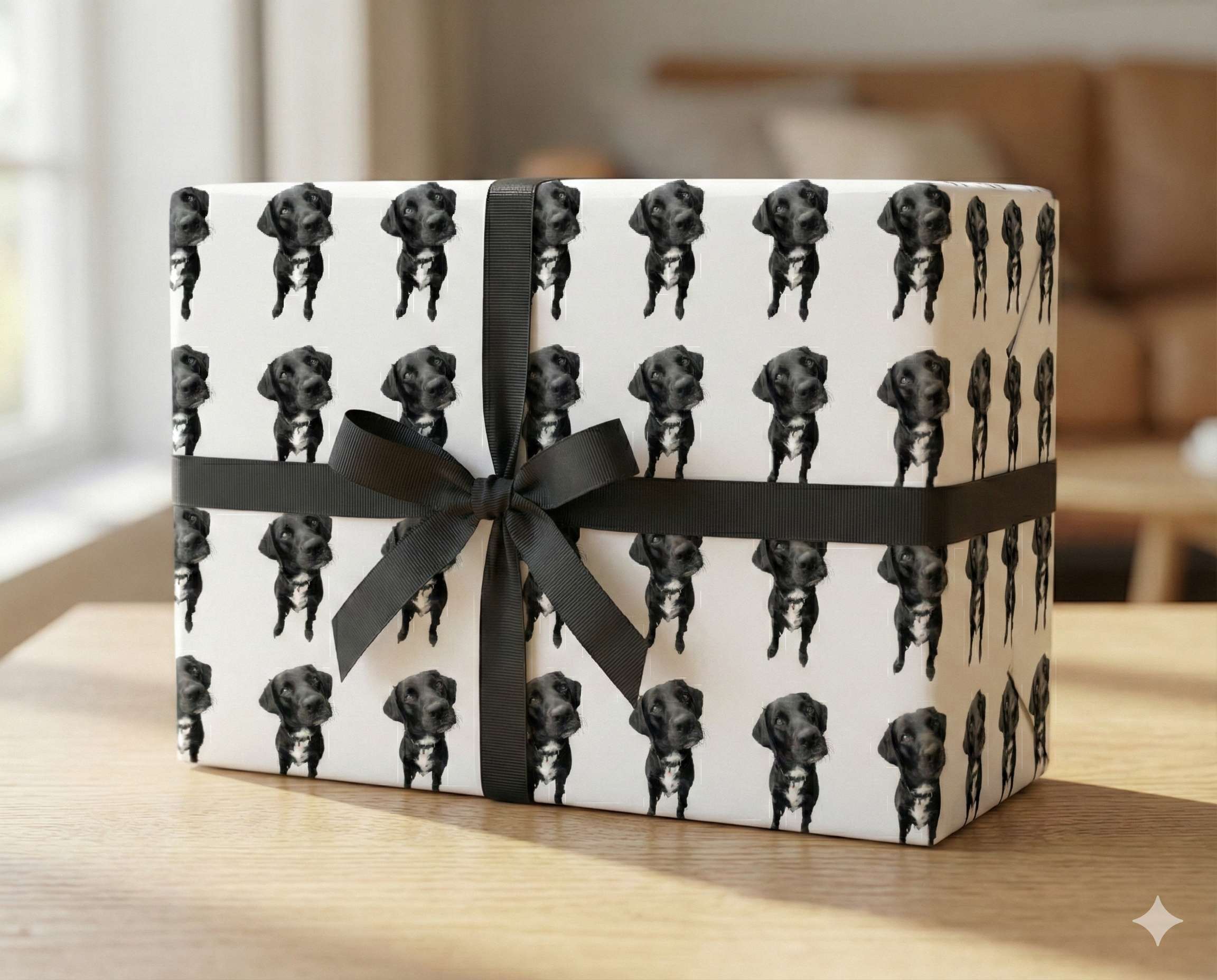 Gift wrapped in custom wrapping paper with a tiled black labrador pattern and dark ribbon